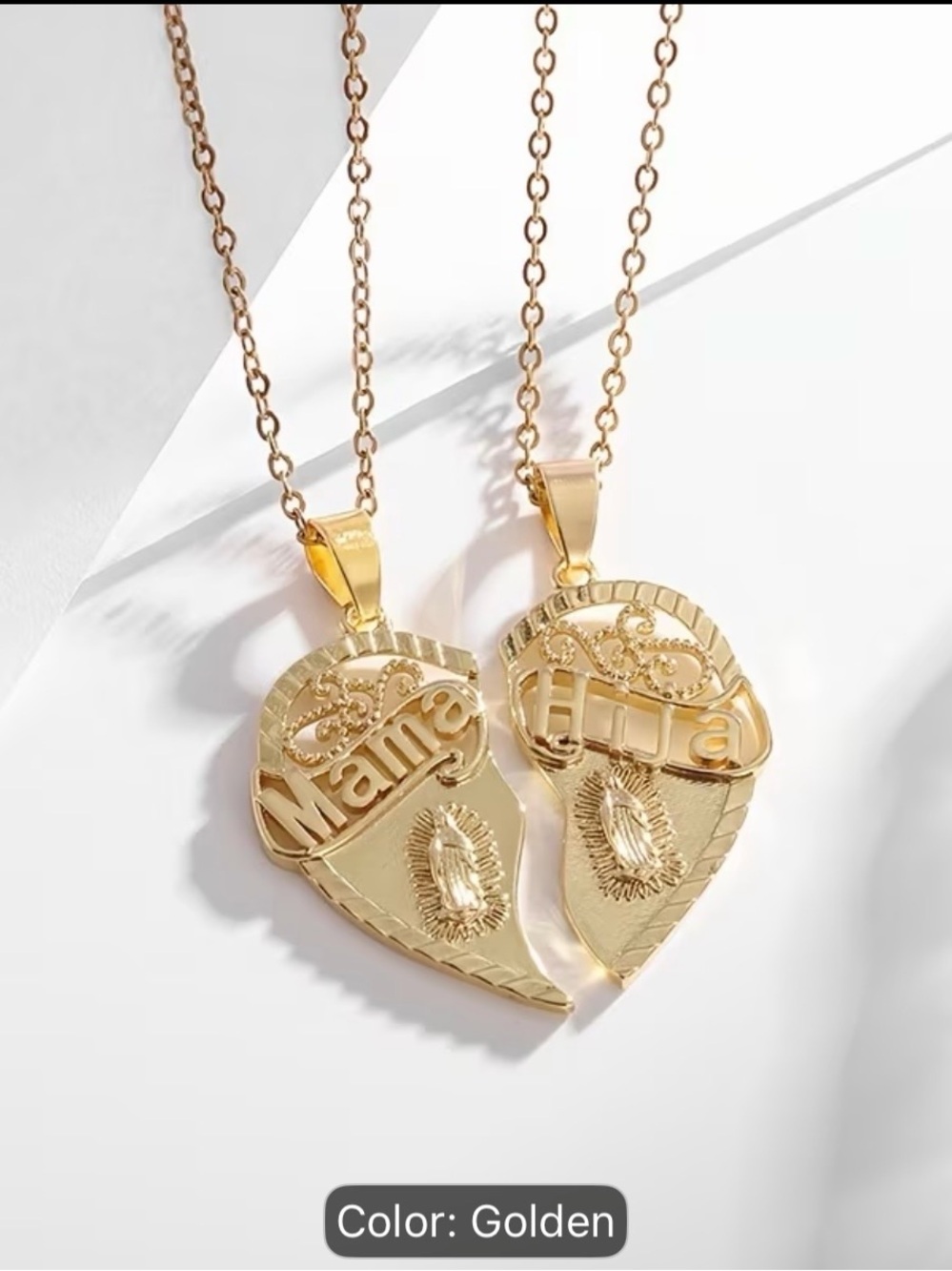 Golden 'Mama' Split Heart Pendant Necklace - 2-Piece Set
